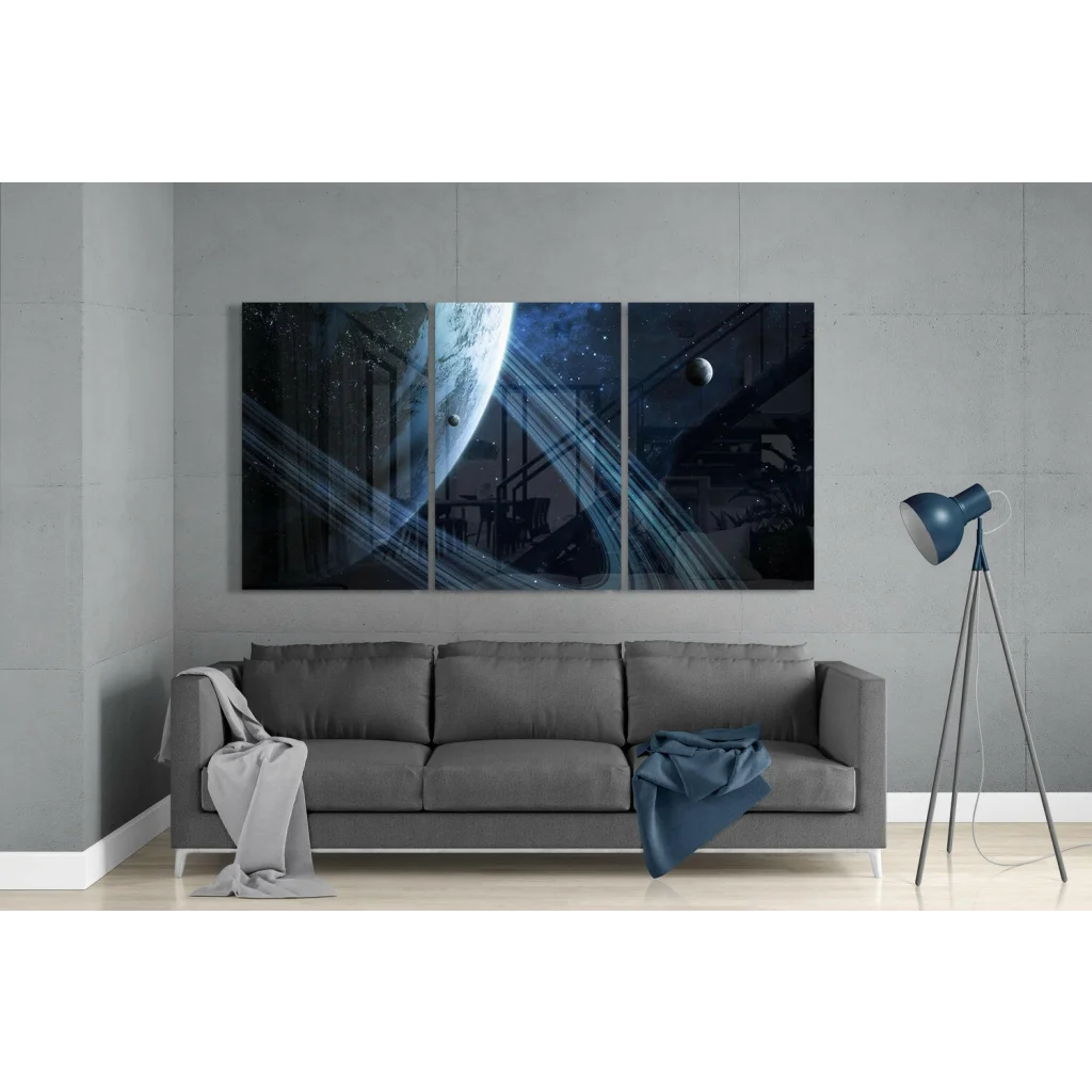 Cosmic Blue Planet Glass Wall Art Three Panel Space Scene | Modern Wall Art Decor | vintageantiquesgifts.com