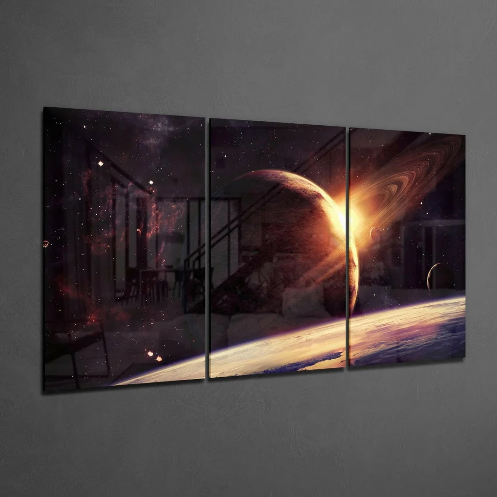 Glowing ringed planet space wall art canvas set with orange planet and nebulae