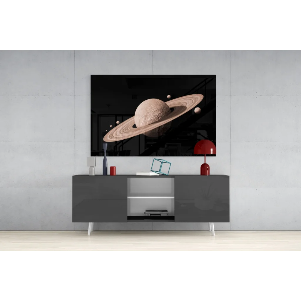 Striking black-and-white Saturn rings wall art print with moons