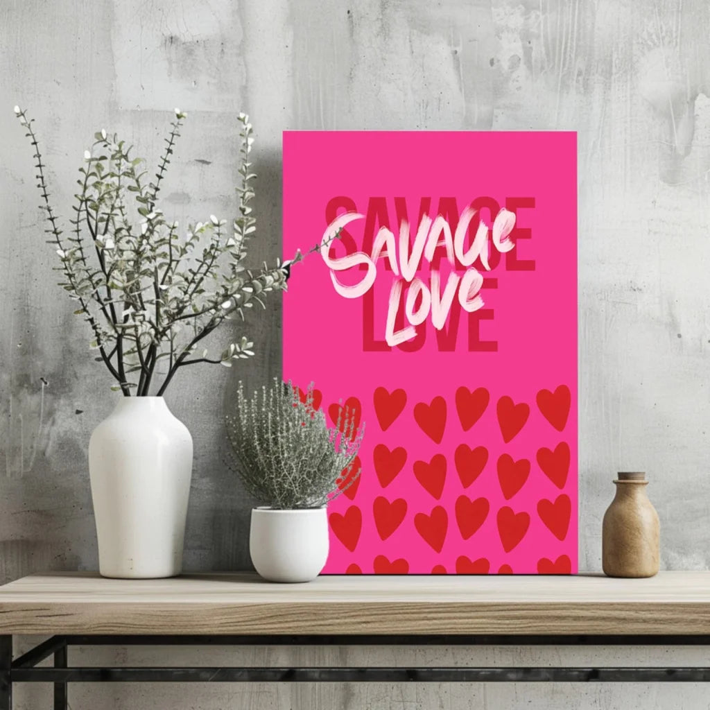 Vibrant pink Savage Love insigne aluminum print with red hearts
