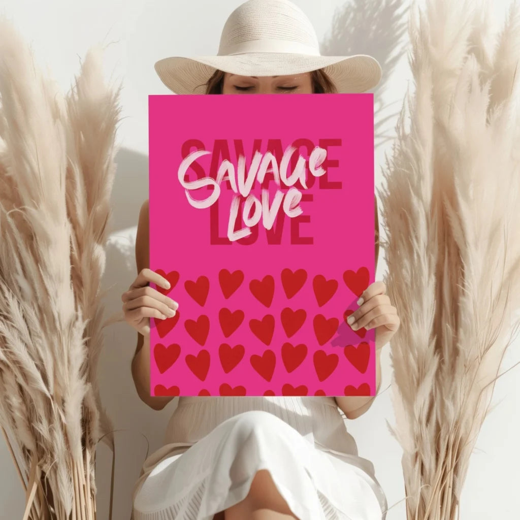 Savage Love insigne aluminum print with red hearts poster