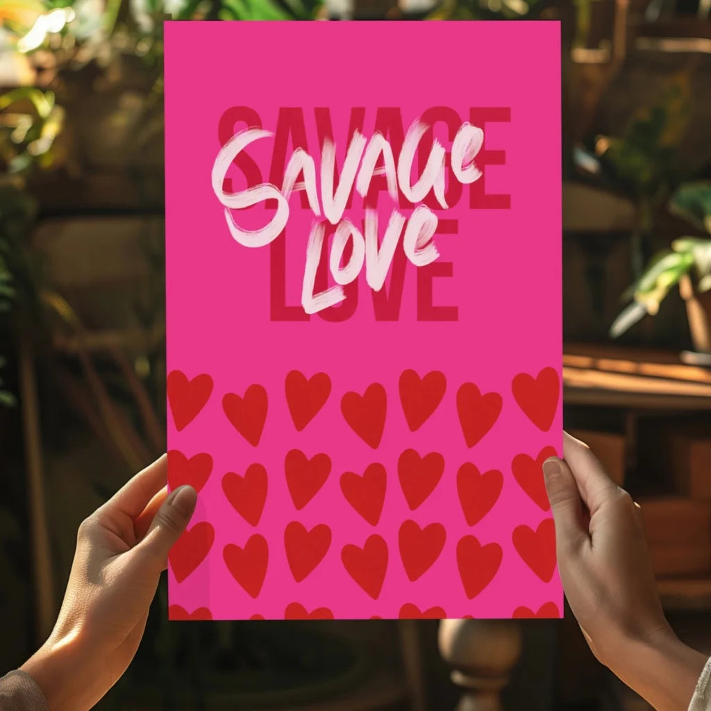 Vibrant pink Savage Love insigne aluminum print with red hearts