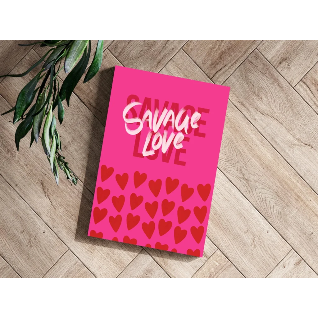 Savage Love insigne aluminum print with pink book and red hearts