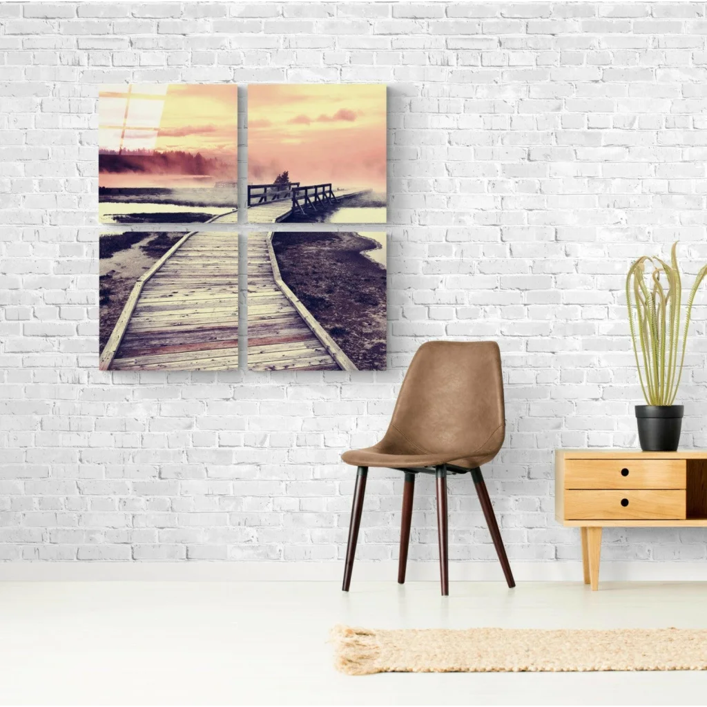 Sunset Boardwalk Glass Wall Art Four Panel Canvas Print | Glass Wall Art Print | vintageantiquesgifts.com