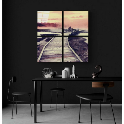 Sunset Boardwalk Glass Wall Art Four Panel Canvas Print | Contemporary Home Wall Art | vintageantiquesgifts.com