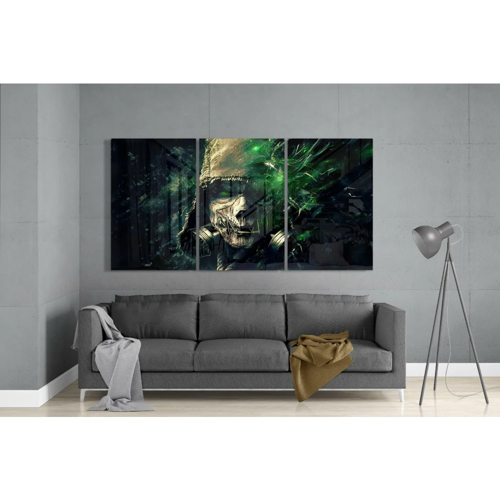 Dark green Emerald Warrior tri-panel canvas wall art with glowing accents