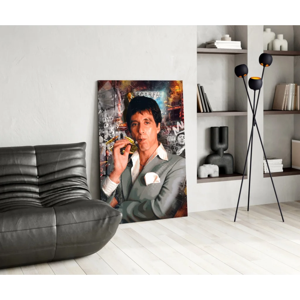 Vibrant graffiti-style wall art of jazz man in gray suit with golden sax