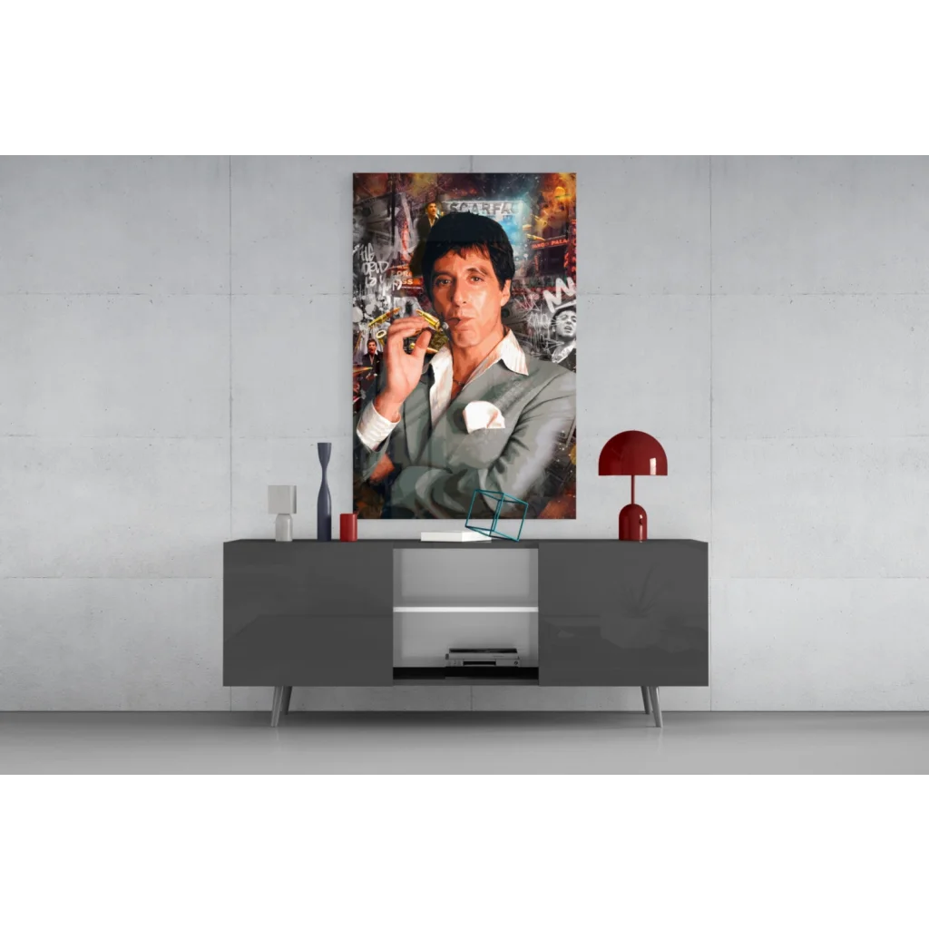 Urban jazz trumpet player in gray suit on vibrant graffiti canvas wall art