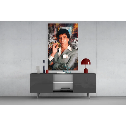 Urban jazz trumpet player in gray suit on vibrant graffiti canvas wall art