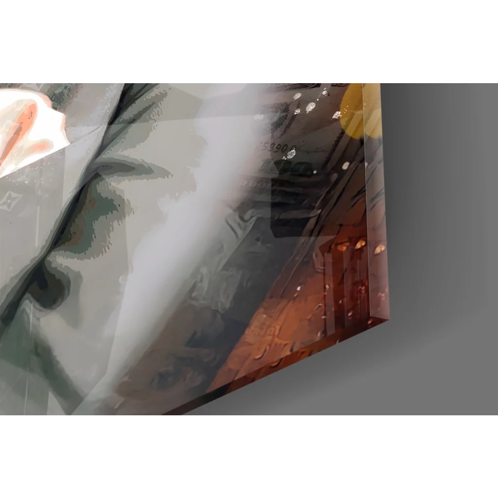 Abstract urban jazz trumpet player glass wall art in grayscale with orange yellow accents