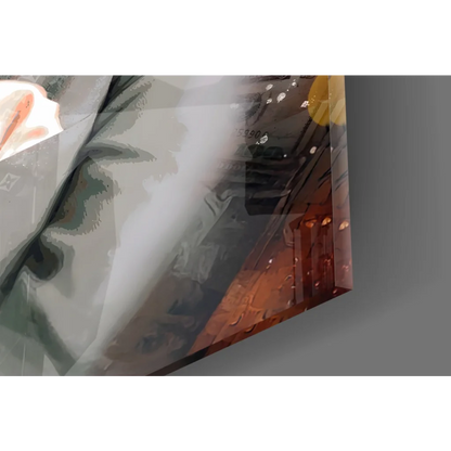 Abstract urban jazz trumpet player glass wall art in grayscale with orange yellow accents