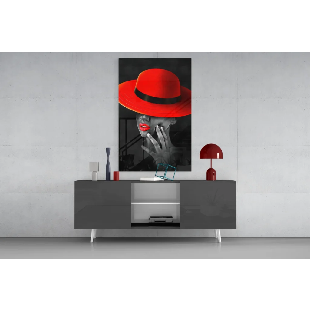Bold red fedora woman in pop-art style on glass wall art