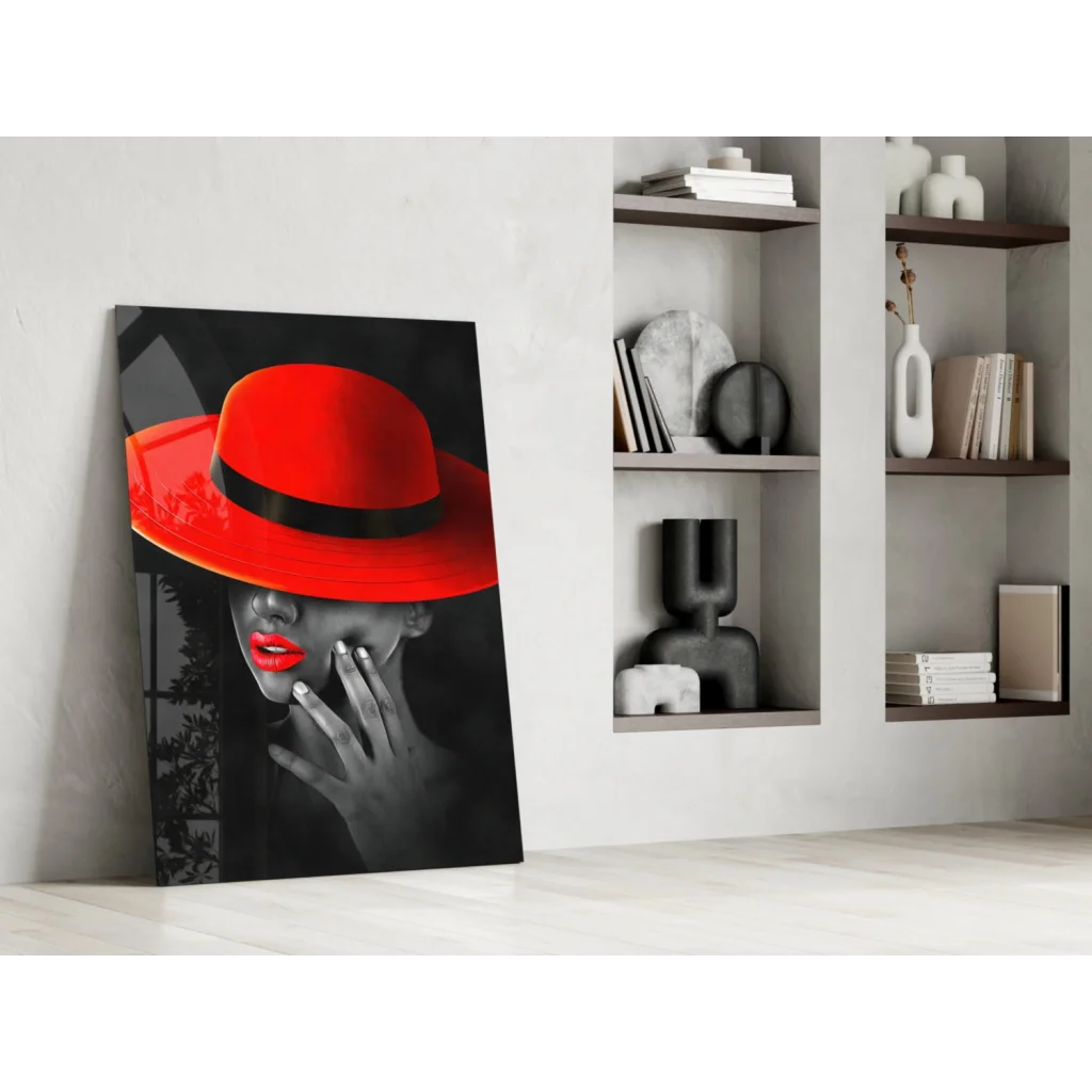 Bold red fedora woman on striking glass wall art print
