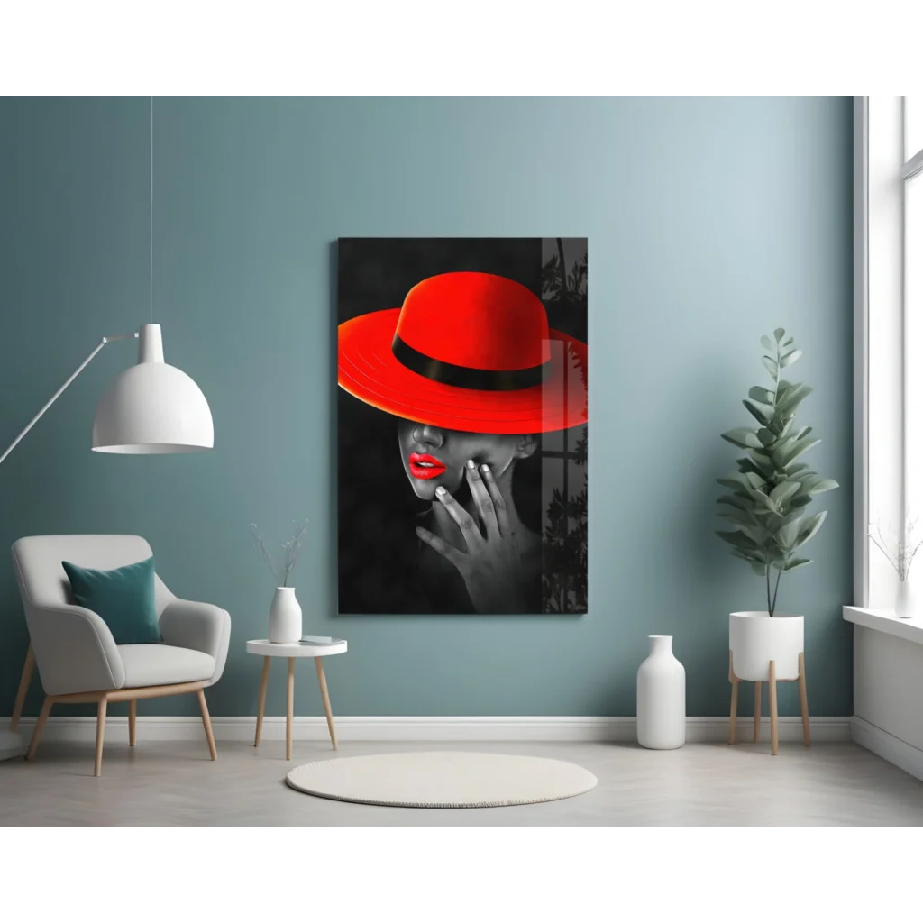 Bold red fedora in black-and-white glass wall art print