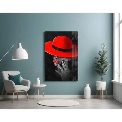 Bold red fedora in black-and-white glass wall art print