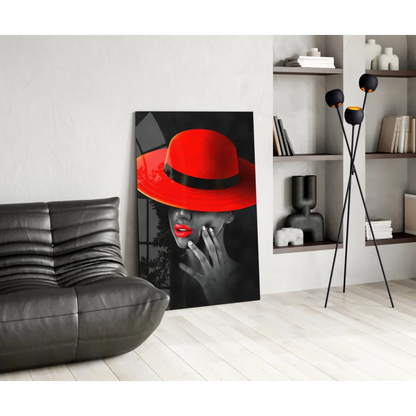 Vibrant red fedora woman in bold pop-art glass wall art print