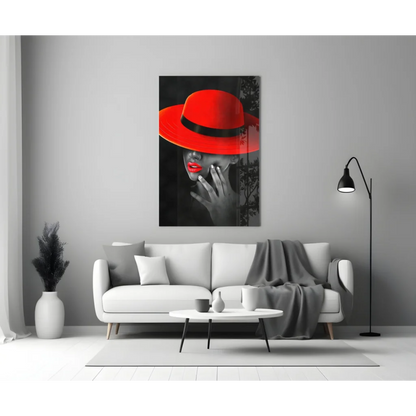 Bold red fedora woman in striking glass wall art print