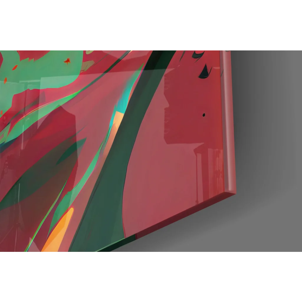 Vibrant fiery portrait glass wall art with bold red, green, teal swirls