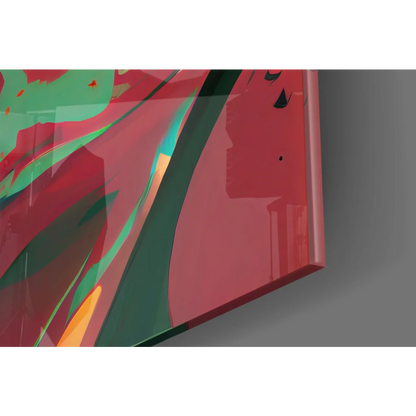 Vibrant fiery portrait glass wall art with bold red, green, teal swirls