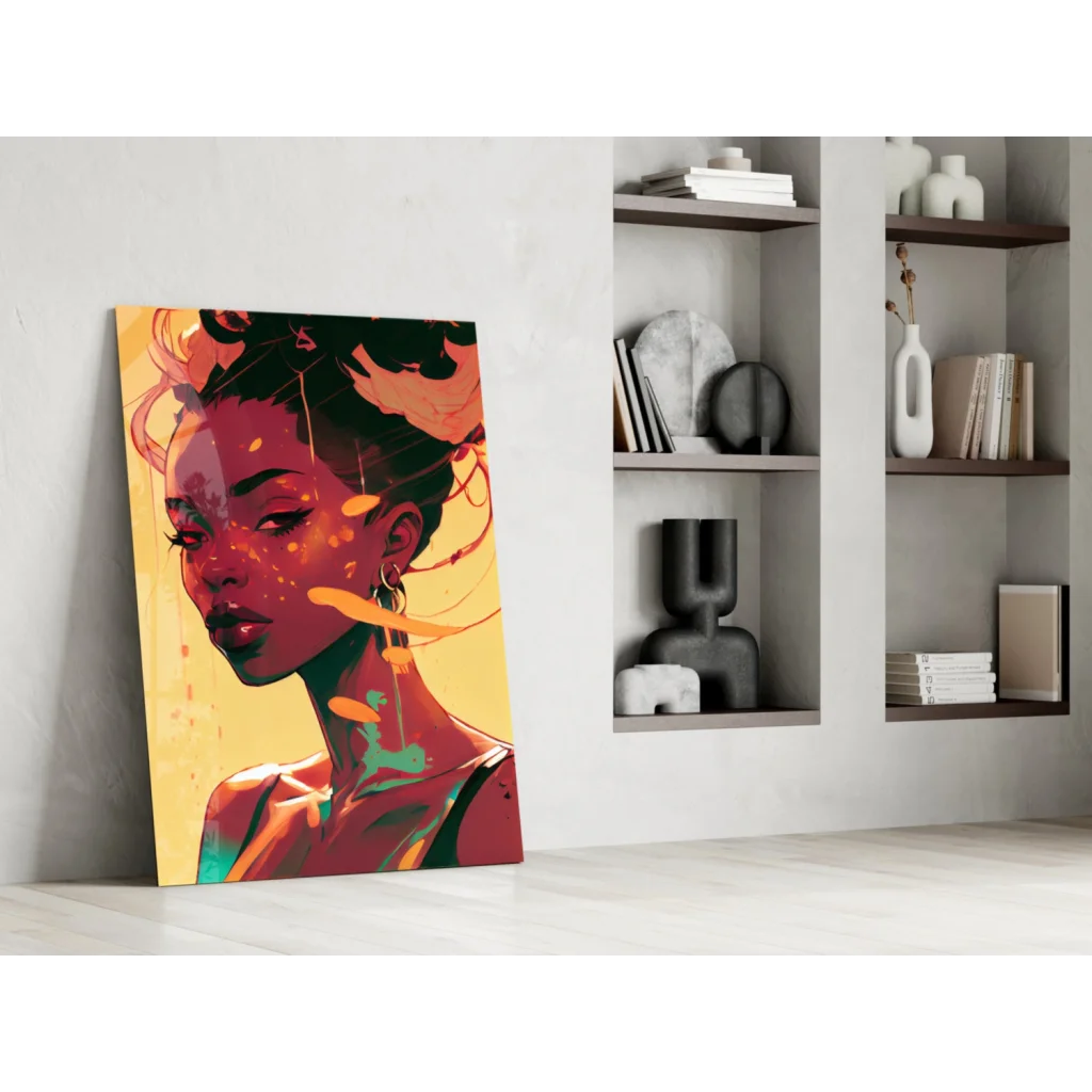 Fiery portrait glass wall art with vibrant teal accents and bold hues