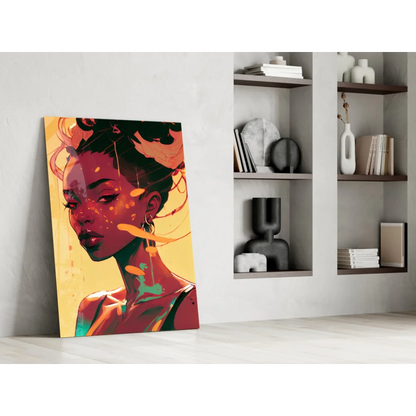 Fiery portrait glass wall art with vibrant teal accents and bold hues