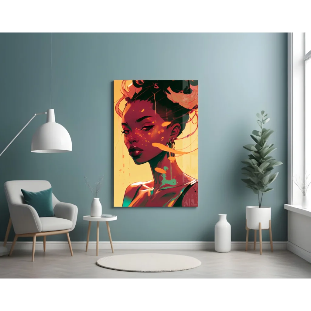 Vibrant fiery orange woman portrait on glass wall art with teal accents