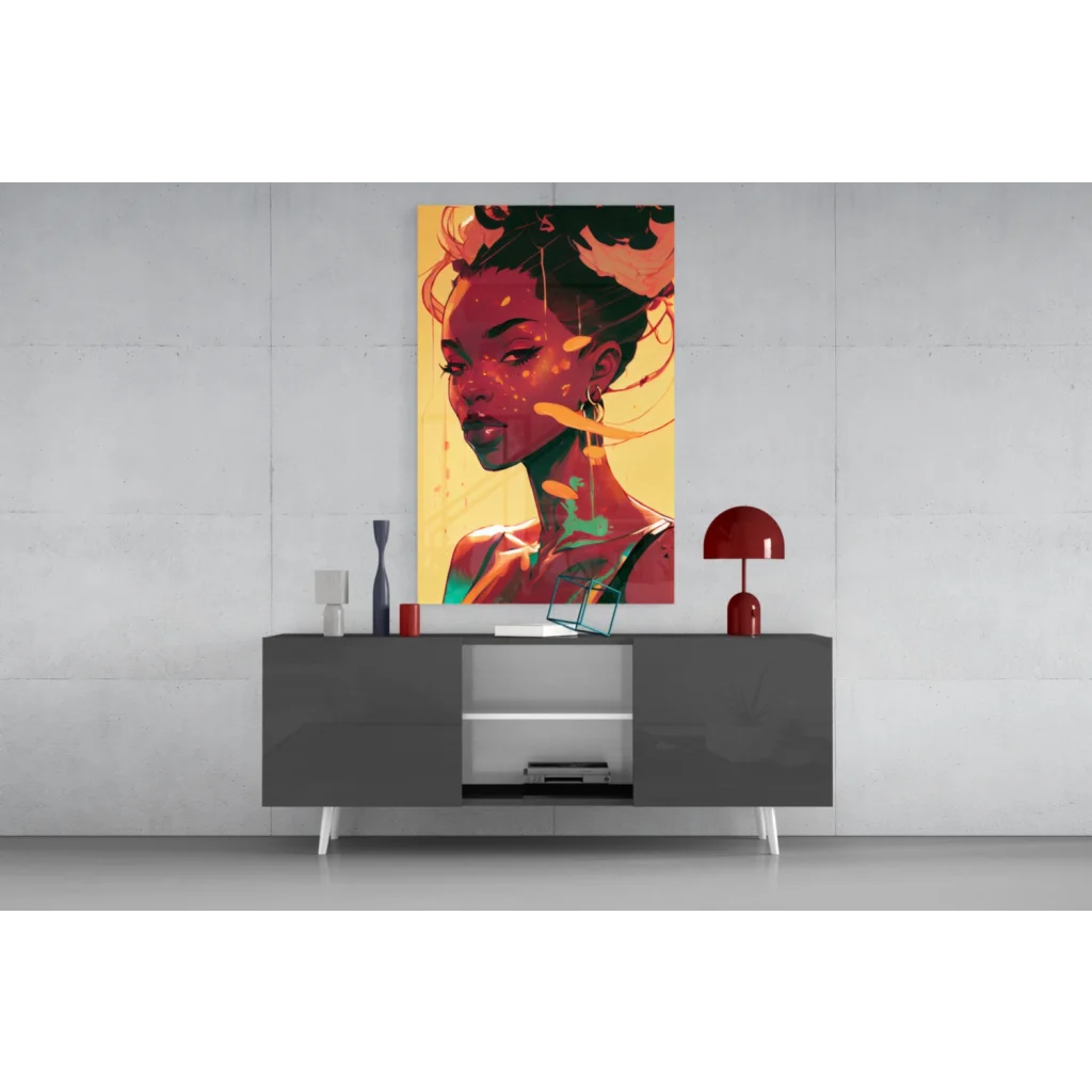 Vibrant fiery portrait glass wall art of woman in red orange hues with teal accents