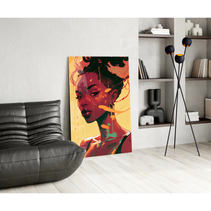 Fiery portrait glass wall art with vibrant teal accents on yellow background