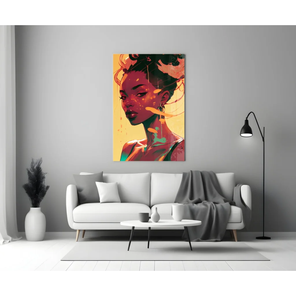 Vibrant fiery portrait glass wall art with teal accents and flowing hair