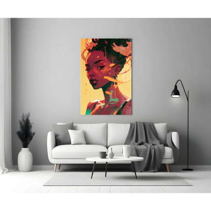 Vibrant fiery portrait glass wall art with teal accents and flowing hair