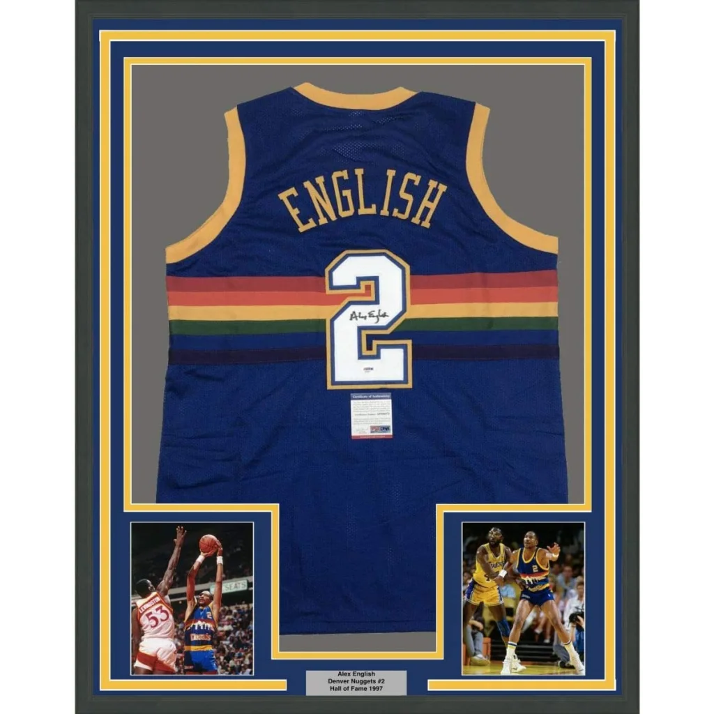 Framed Alex English Denver Nuggets autographed jersey with photos and plaque for sale