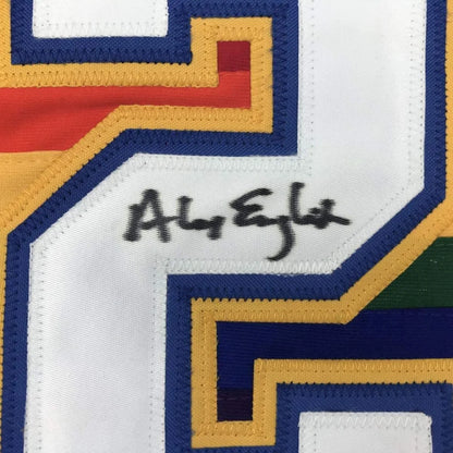 White Denver Nuggets jersey with colorful trim and Alex English autograph