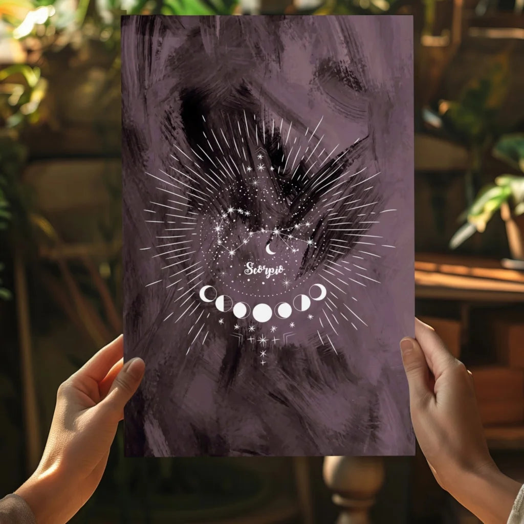Purple scorpio constellation on insigne aluminum print with moon phases