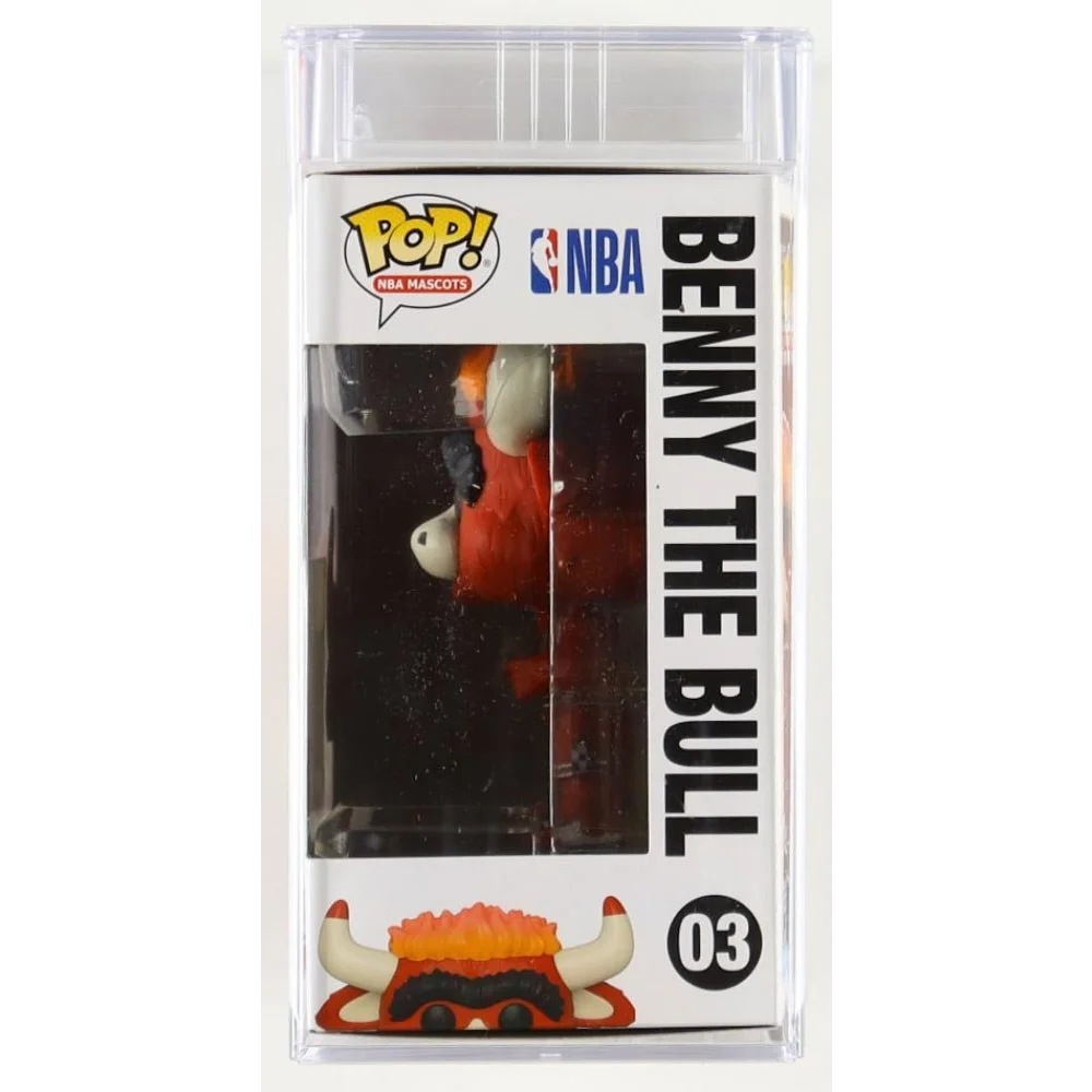 Funko Pop of Benny the Bull in protective case, measures approximately 4 inches, Chicago Bulls mascot