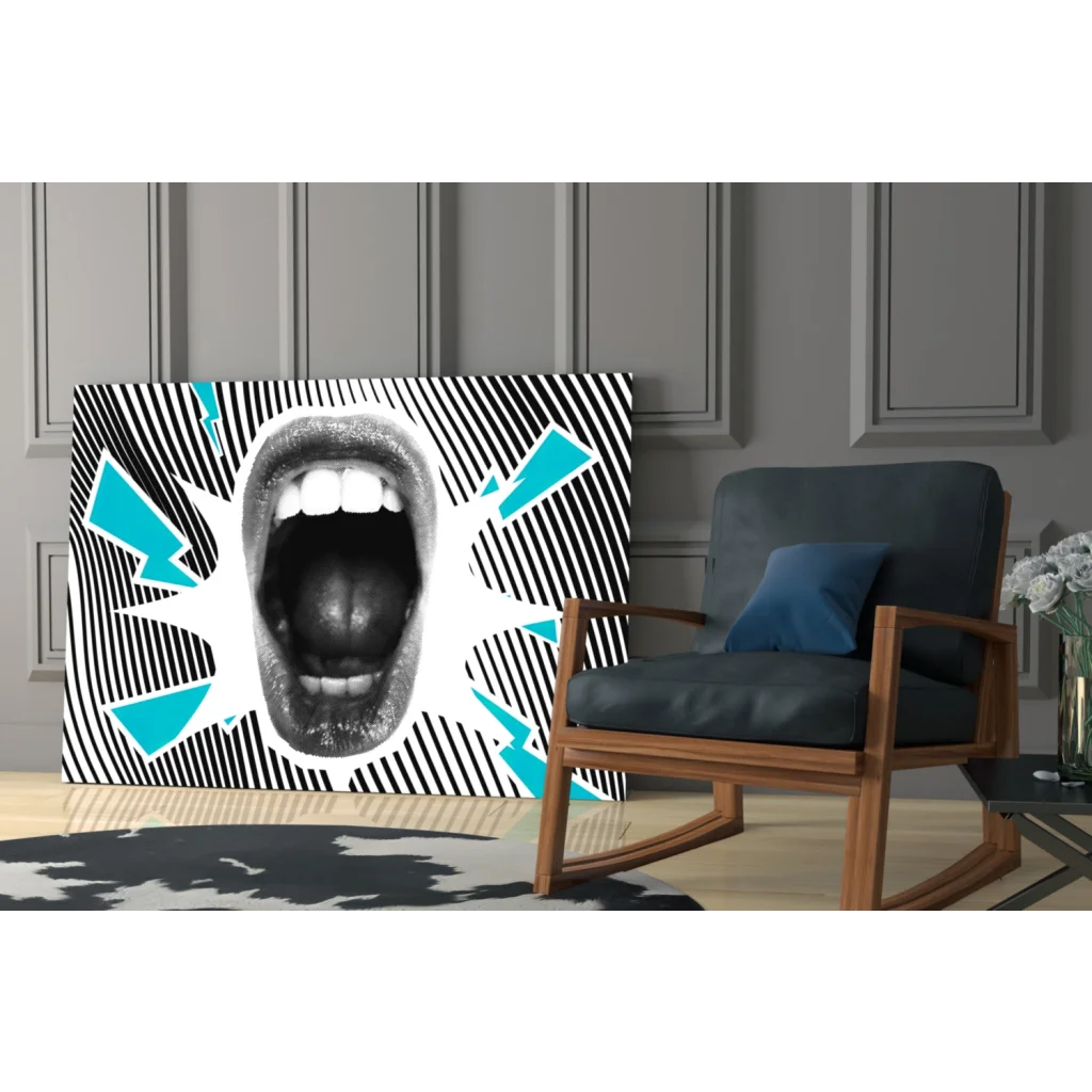 Stylized open mouth with teal lightning on black and white striped glass wall art print