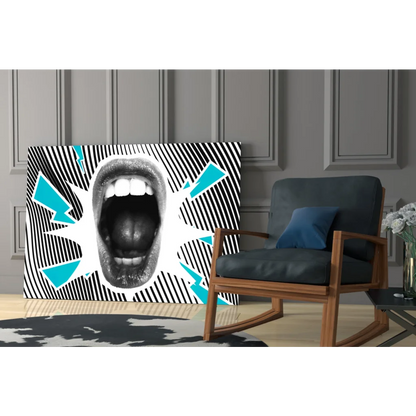 Stylized open mouth with teal lightning on black and white striped glass wall art print