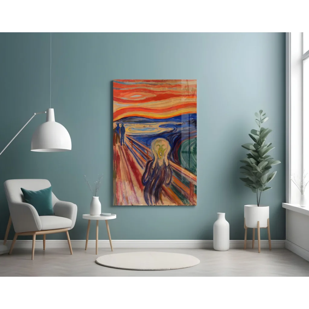 Vibrant Edvard Munch The Scream glass wall art print on modern wall