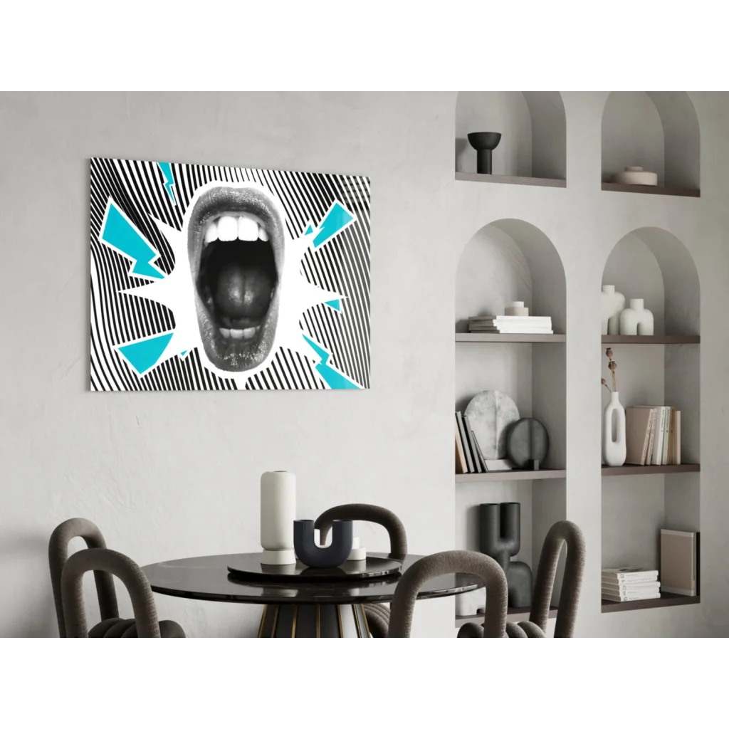 Bold black-and-white pop art glass wall art with screaming mouth and teal lightning bolts