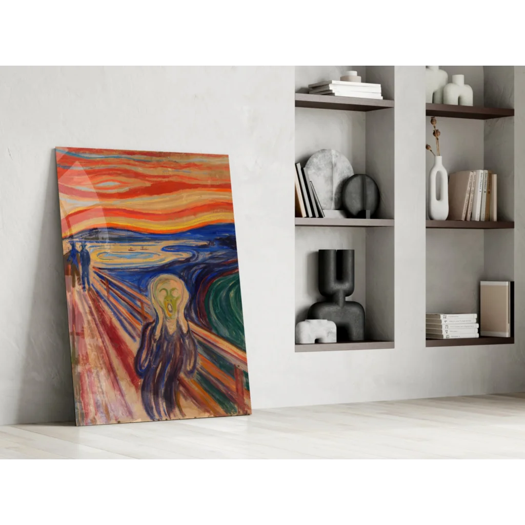 Vibrant abstract Edvard Munch The Scream glass wall art leaning on white wall