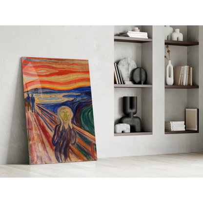 Vibrant abstract Edvard Munch The Scream glass wall art leaning on white wall