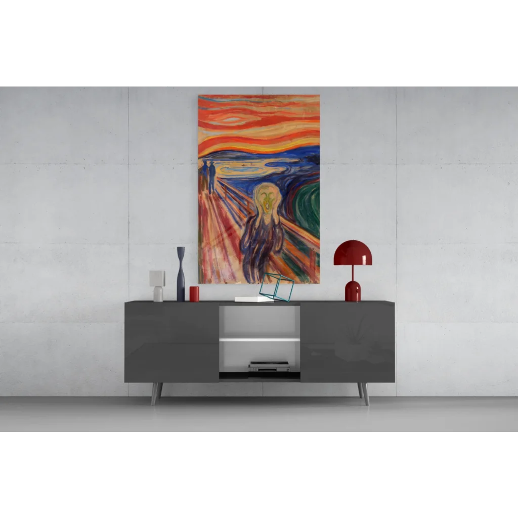Vibrant Edvard Munch The Scream glass wall art with swirling orange blue skies