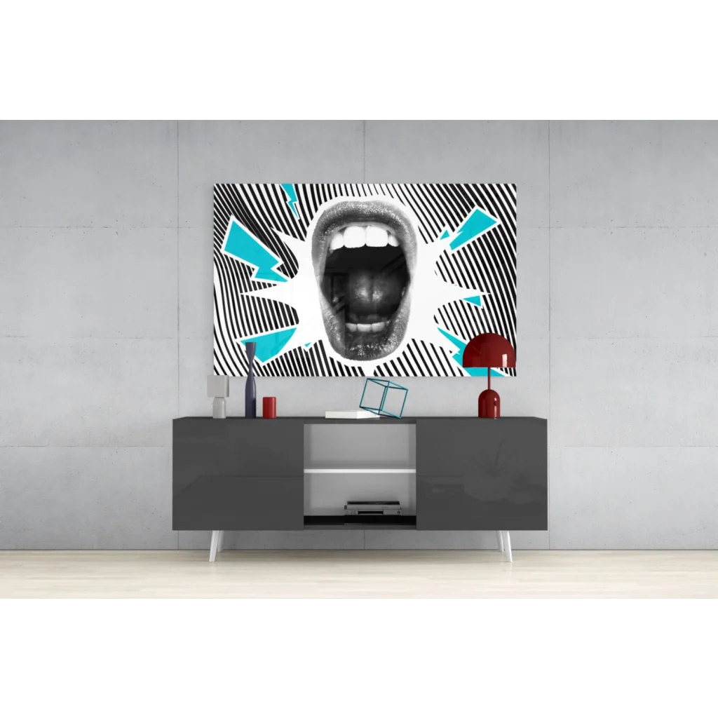 Bold black-and-white pop art screaming mouth on glass wall art with teal accents