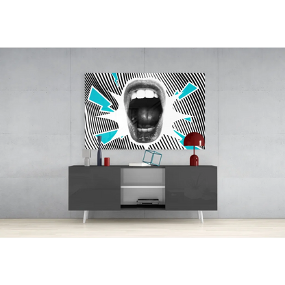 Bold black-and-white pop art screaming mouth on glass wall art with teal accents
