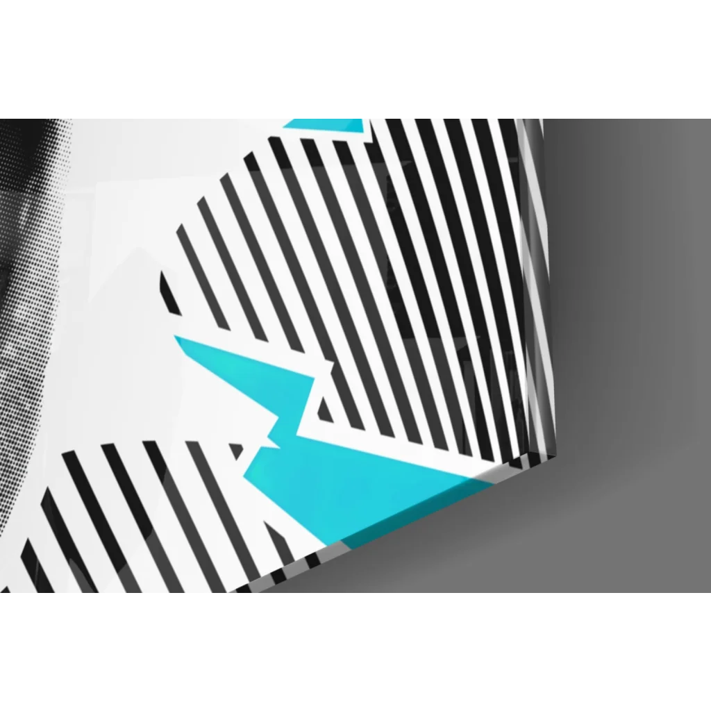 Sleek glass wall art with black white stripes and turquoise design