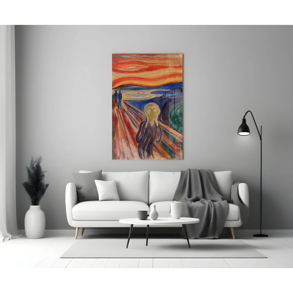 Vibrant orange and blue Edvard Munch The Scream glass wall art on gray wall