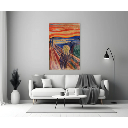 Vibrant orange and blue Edvard Munch The Scream glass wall art on gray wall