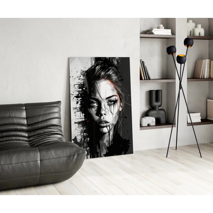 Black and white abstract glass wall art portrait of woman with dramatic makeup