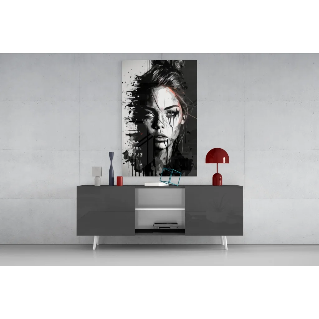 Black and white abstract woman portrait on glass wall art with red accents