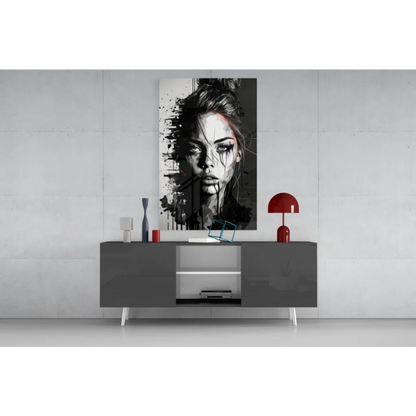 Black and white abstract woman portrait on glass wall art with red accents