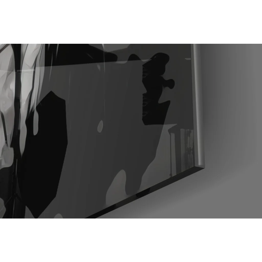 Stylized shadowy figures in minimalist black-and-white glass wall art print